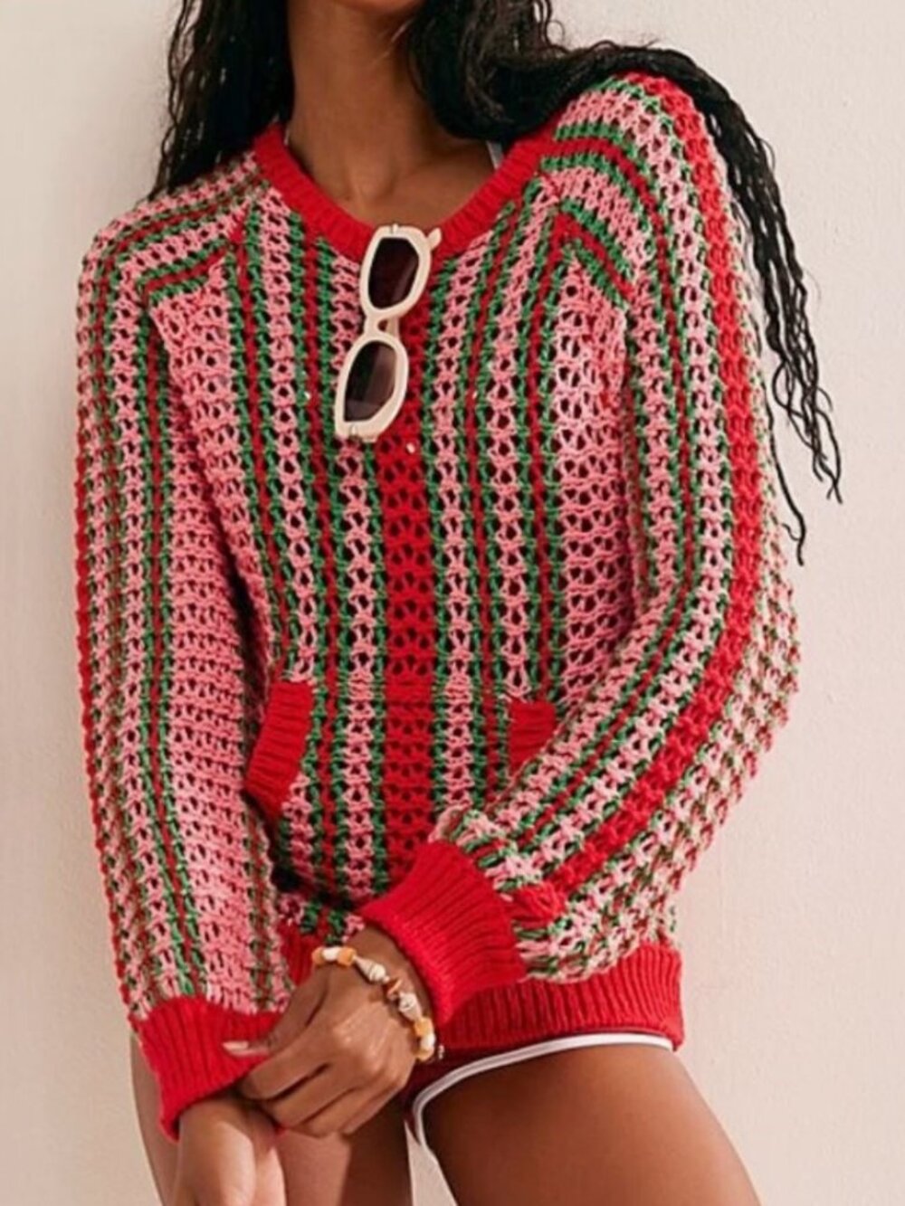 Free People FB Beach Red Dayton Striped Pullover Sweater Pre Owned Medium